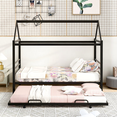 Twin Size Metal Platform Bed With Trundle And House Frame Design