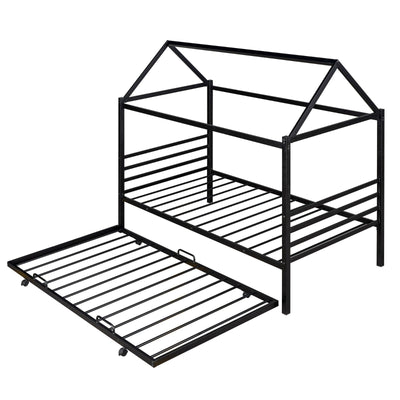 Twin Size Metal Platform Bed With Trundle And House Frame Design