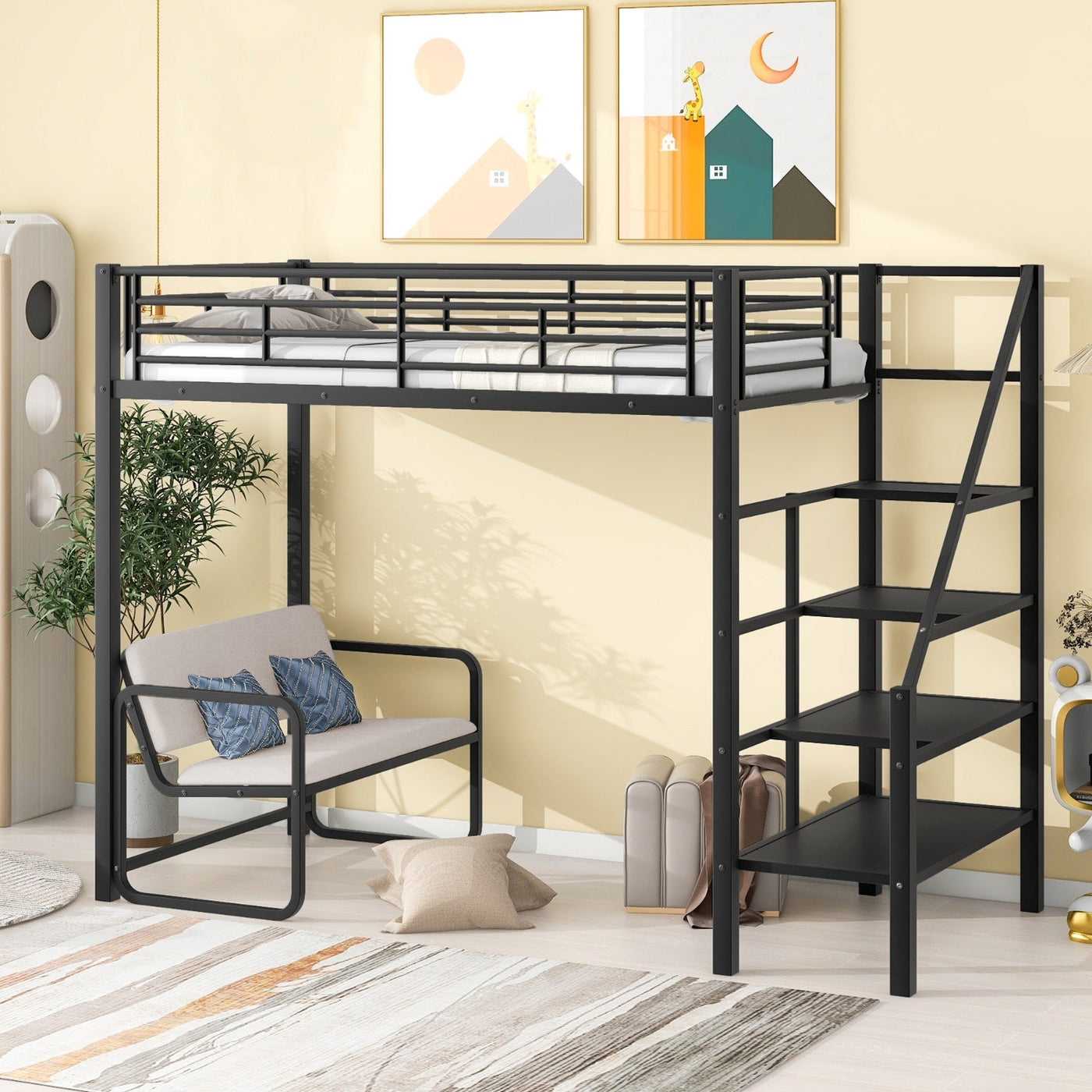 Twin Size Metal Loft Bed With Storage Staircase And Bench