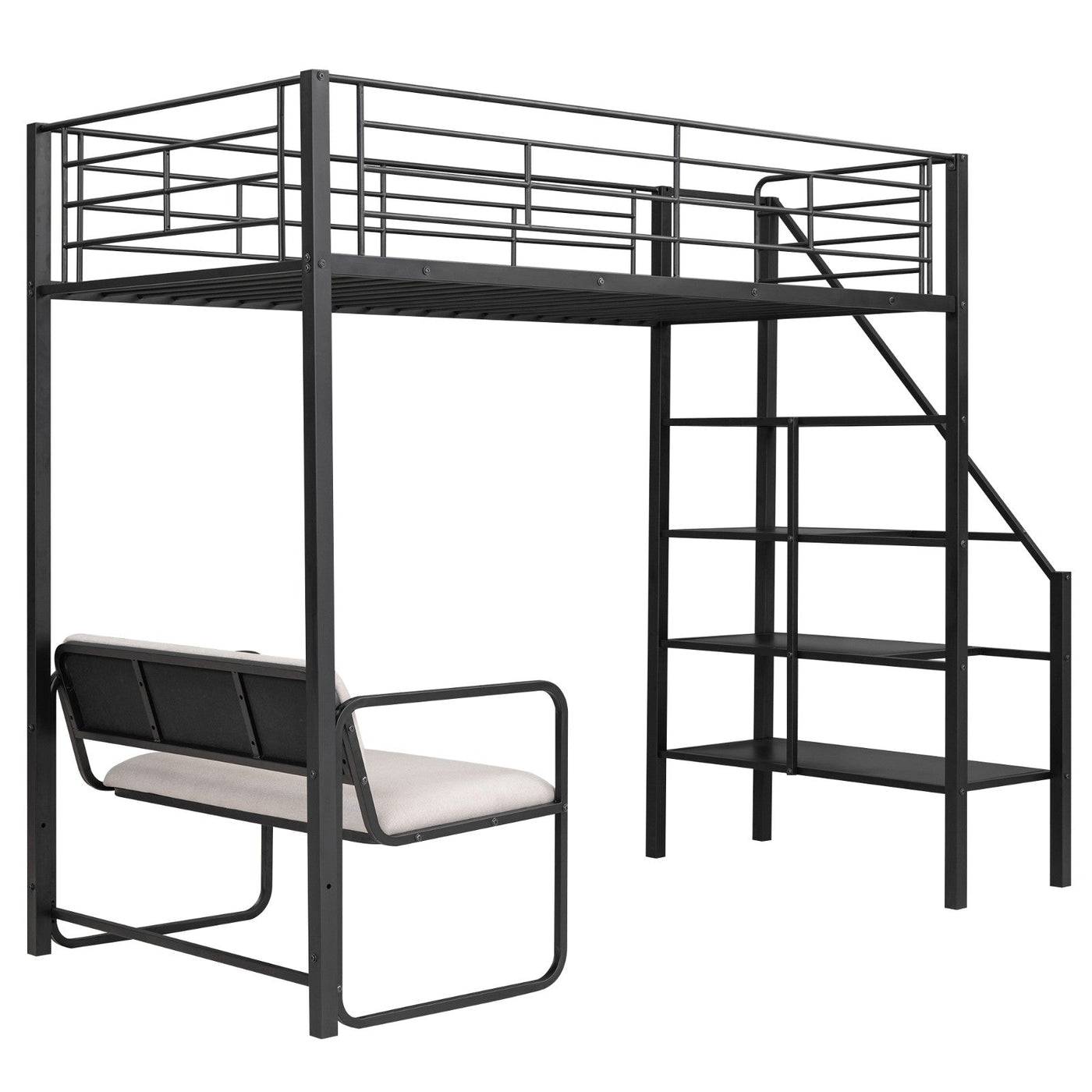 Twin Size Metal Loft Bed With Storage Staircase And Bench