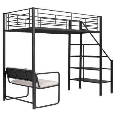 Twin Size Metal Loft Bed With Storage Staircase And Bench