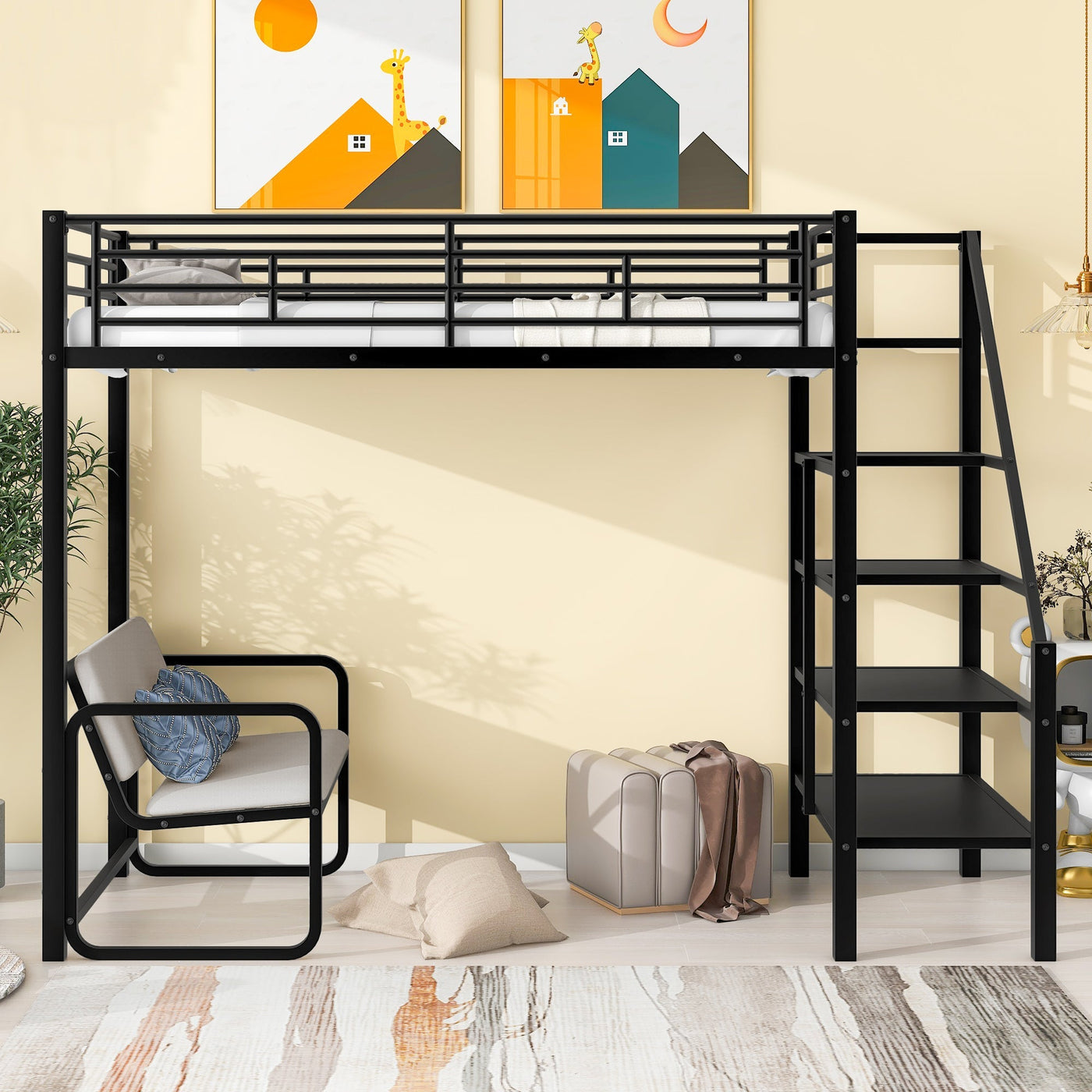 Twin Size Metal Loft Bed With Storage Staircase And Bench