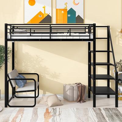 Twin Size Metal Loft Bed With Storage Staircase And Bench
