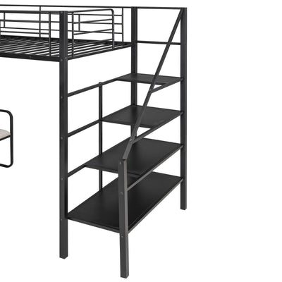 Twin Size Metal Loft Bed With Storage Staircase And Bench