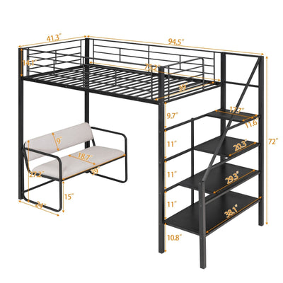 Twin Size Metal Loft Bed With Storage Staircase And Bench
