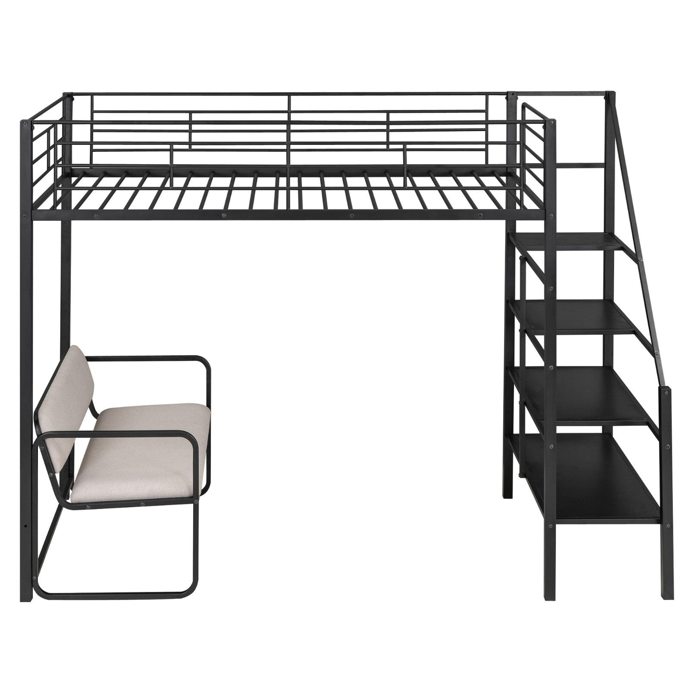 Twin Size Metal Loft Bed With Storage Staircase And Bench
