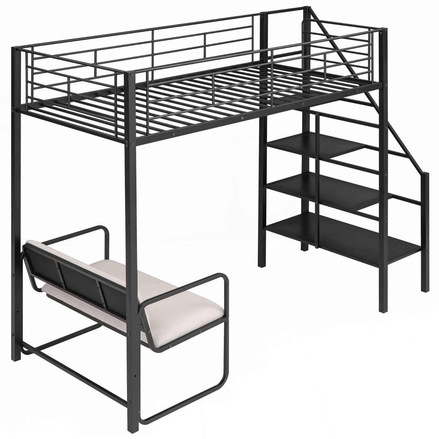 Twin Size Metal Loft Bed With Storage Staircase And Bench