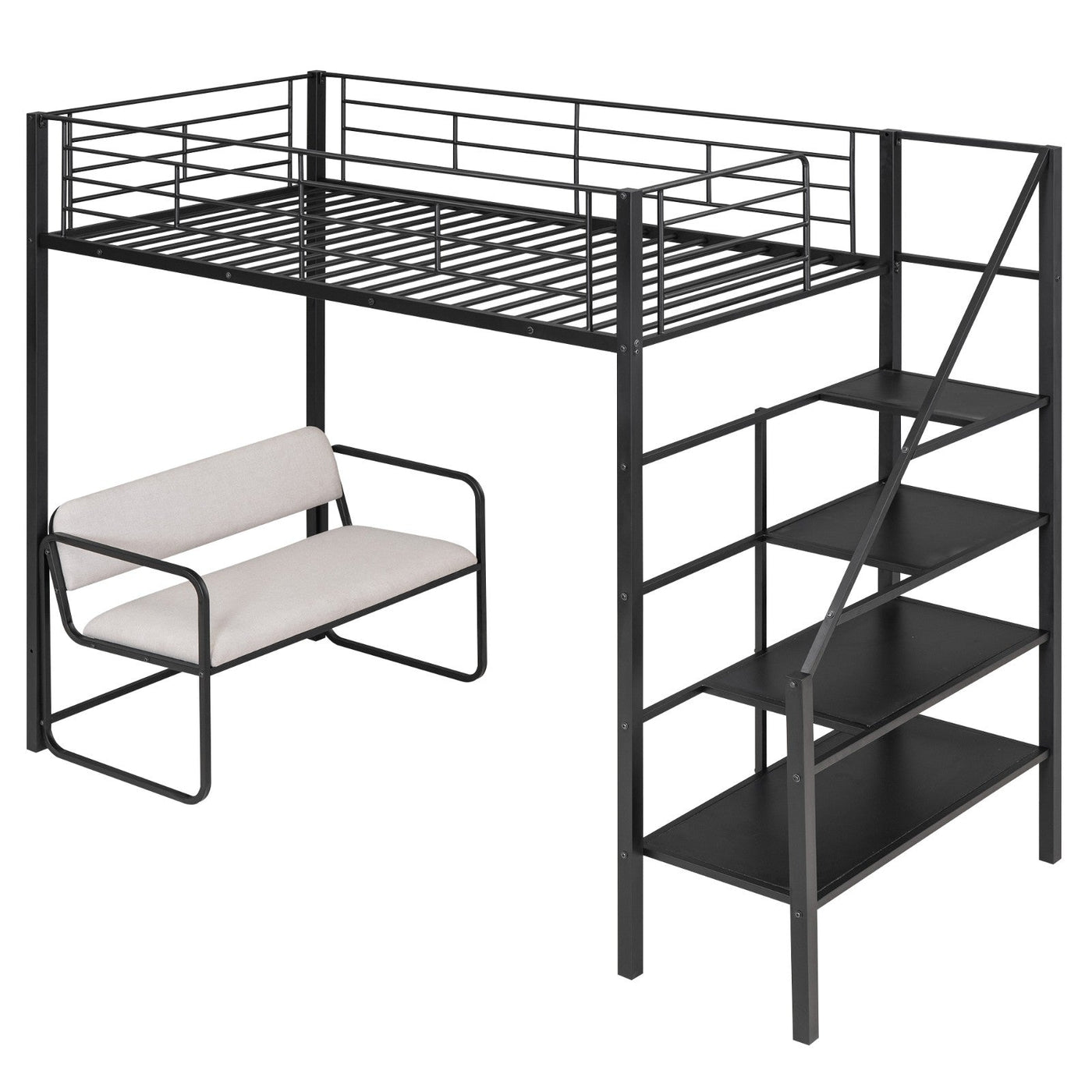 Twin Size Metal Loft Bed With Storage Staircase And Bench