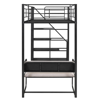 Twin Size Metal Loft Bed With Storage Staircase And Bench
