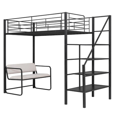 Twin Size Metal Loft Bed With Storage Staircase And Bench