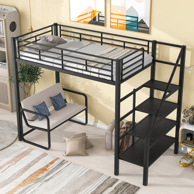 Twin Size Metal Loft Bed With Storage Staircase And Bench