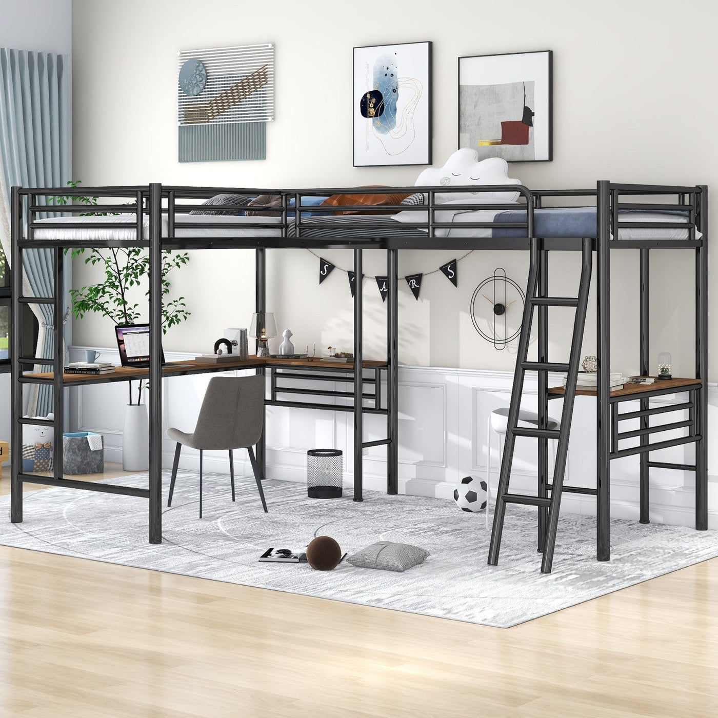 Twin-Size Metal Loft Bed With Dual Built-In Study Desks