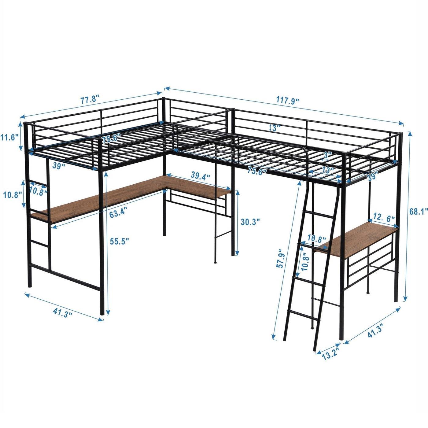 Twin-Size Metal Loft Bed With Dual Built-In Study Desks