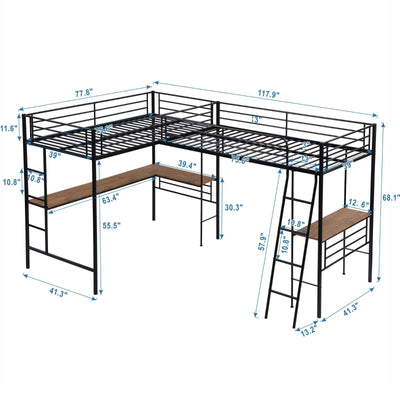 Twin-Size Metal Loft Bed With Dual Built-In Study Desks