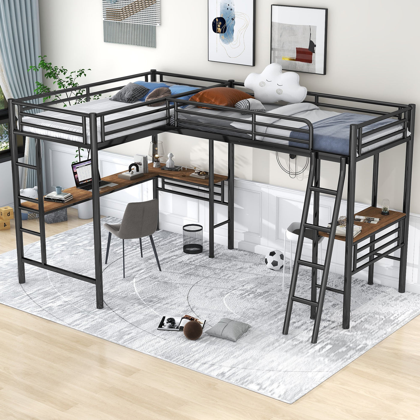 Twin-Size Metal Loft Bed With Dual Built-In Study Desks