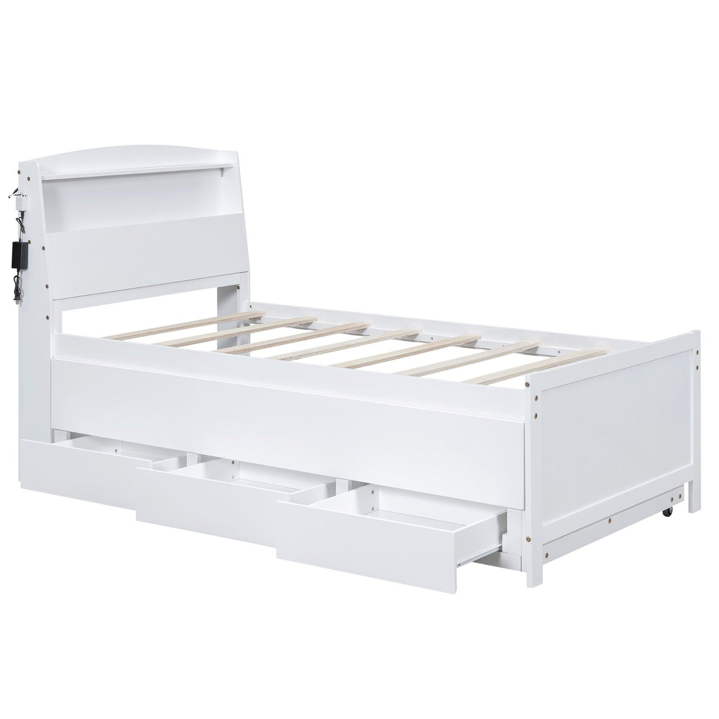 Twin Size Platform Bed With Storage LED Headboard Trundle Drawers