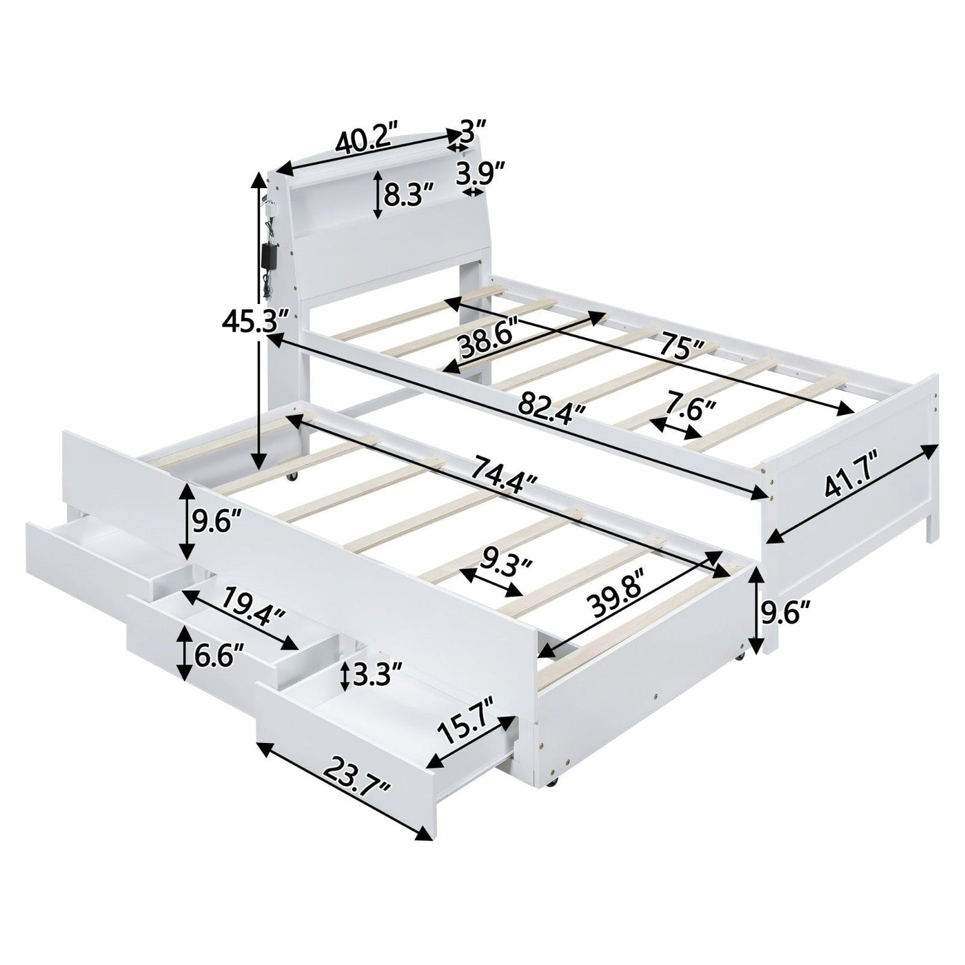 Twin Size Platform Bed With Storage LED Headboard Trundle Drawers