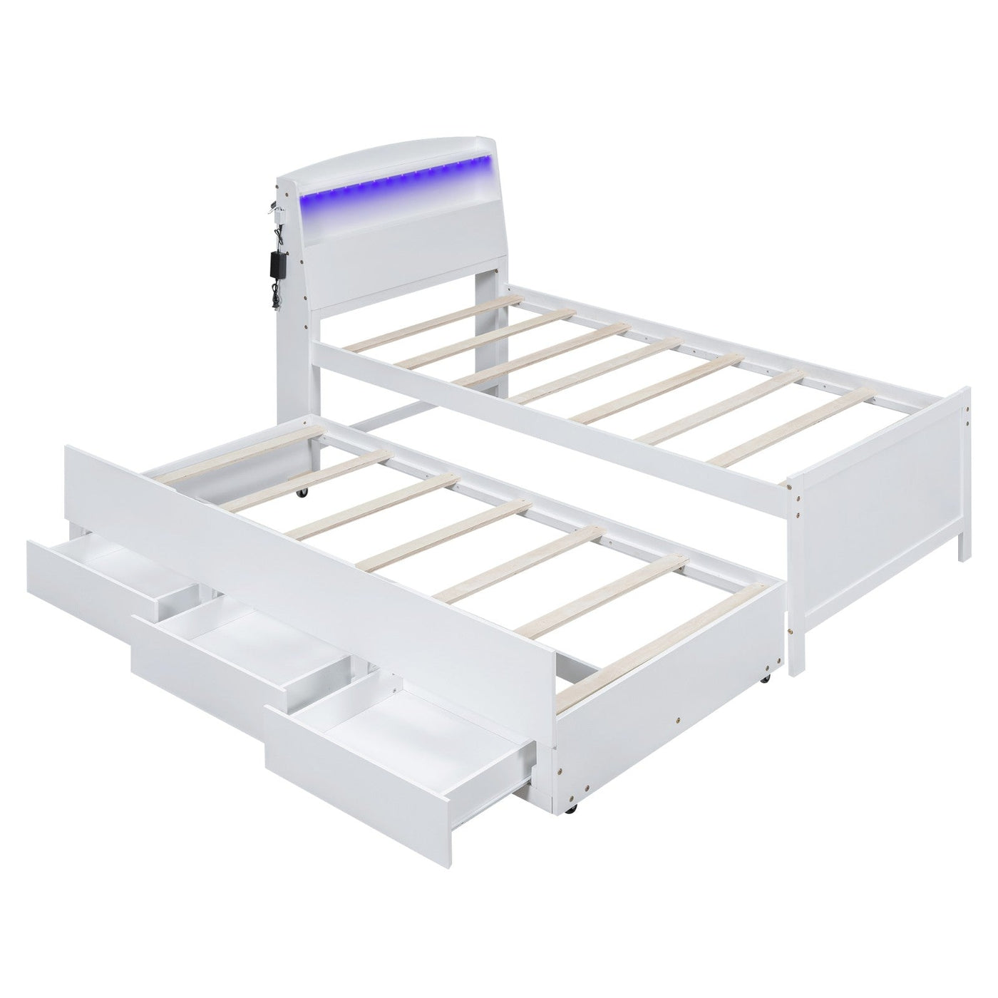 Twin Size Platform Bed With Storage LED Headboard Trundle Drawers
