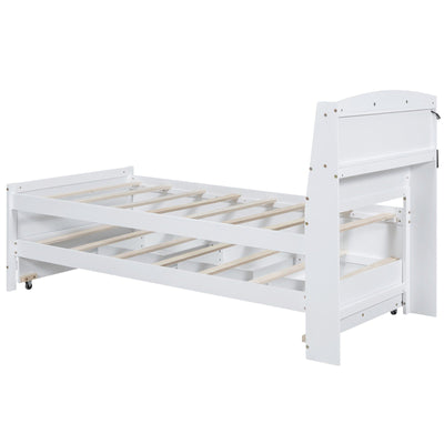 Twin Size Platform Bed With Storage LED Headboard Trundle Drawers