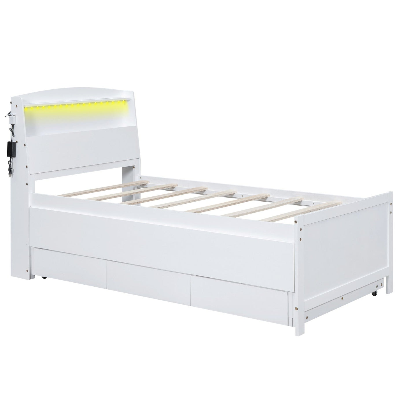 Twin Size Platform Bed With Storage LED Headboard Trundle Drawers