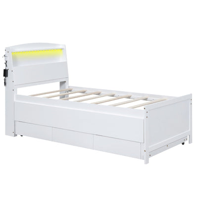 Twin Size Platform Bed With Storage LED Headboard Trundle Drawers