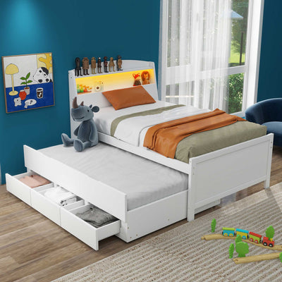 Twin Size Platform Bed With Storage LED Headboard Trundle Drawers