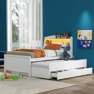 Twin Size Platform Bed With Storage LED Headboard Trundle Drawers
