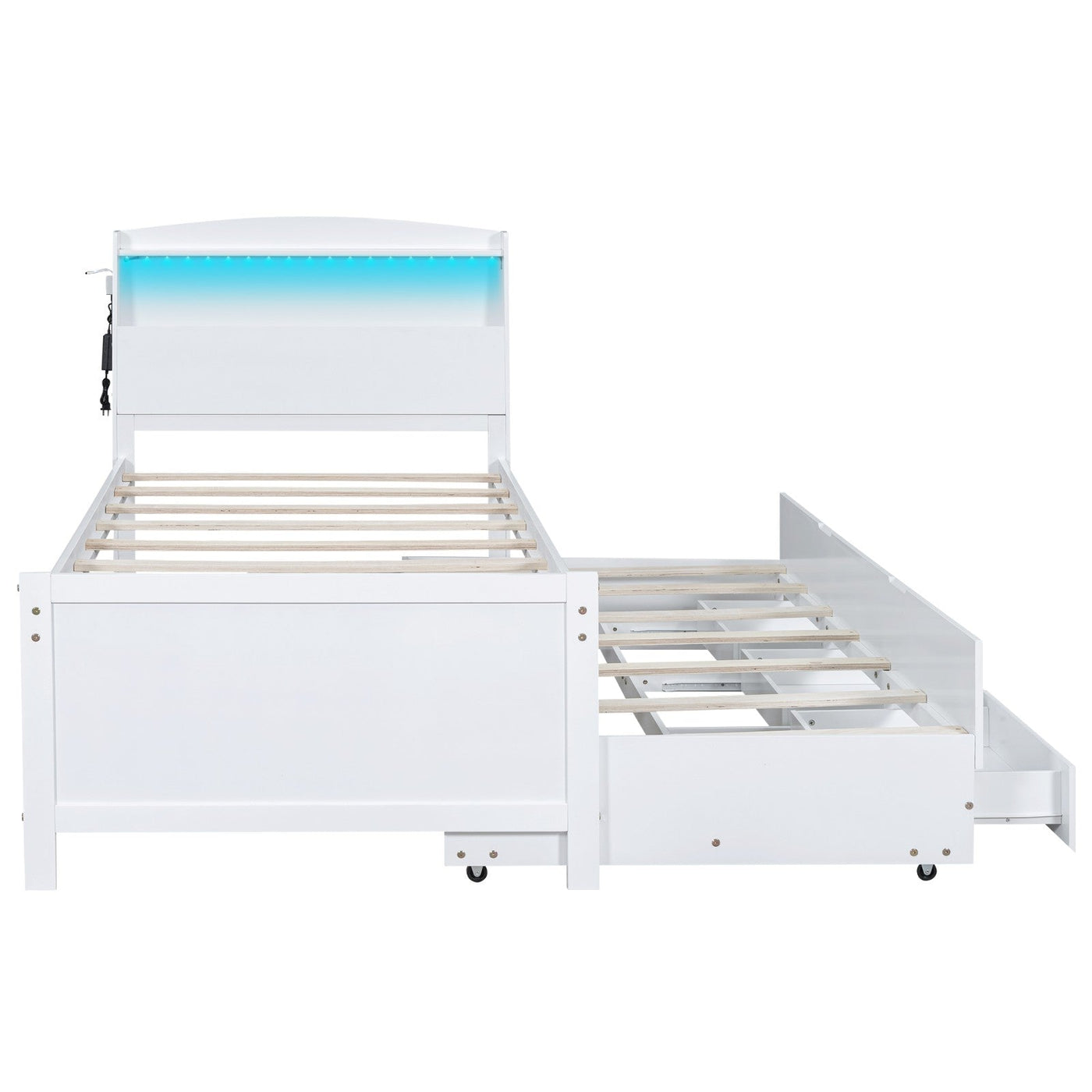 Twin Size Platform Bed With Storage LED Headboard Trundle Drawers