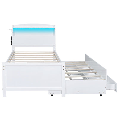 Twin Size Platform Bed With Storage LED Headboard Trundle Drawers