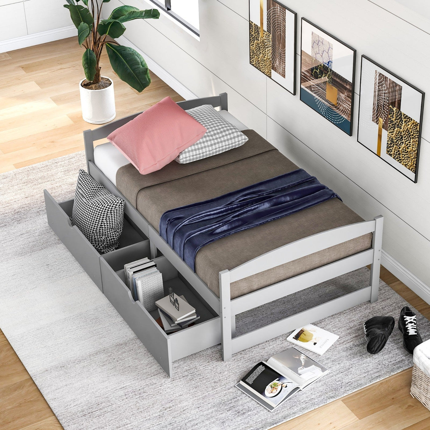 Twin Size Platform Bed With Storage Drawers For Bedroom