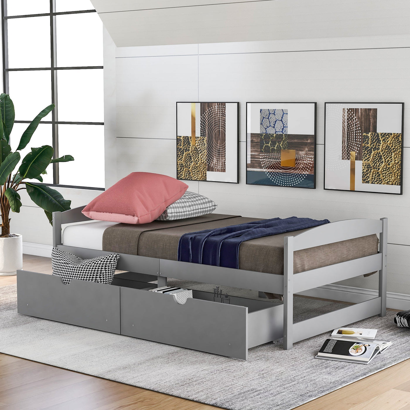 Twin Size Platform Bed With Storage Drawers For Bedroom