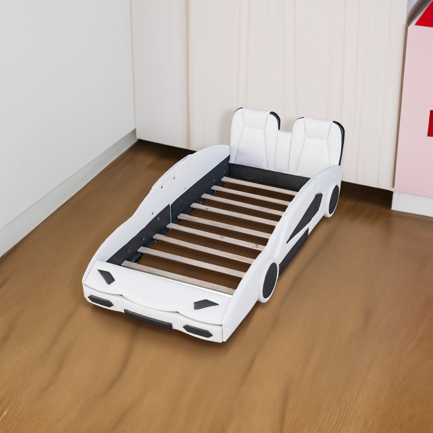 Twin Size Race Car Bed Platform With Wheels For Kids Bedroom