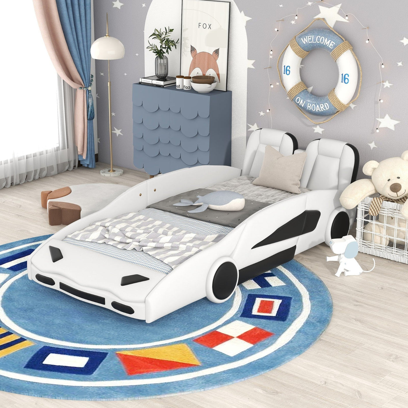 Twin Size Race Car Bed Platform With Wheels For Kids Bedroom