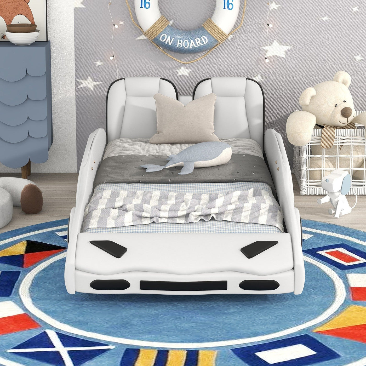 Twin Size Race Car Bed Platform With Wheels For Kids Bedroom