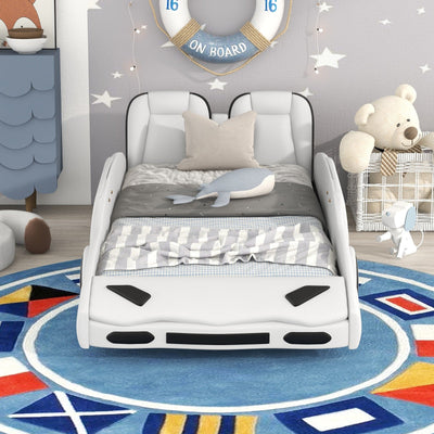 Twin Size Race Car Bed Platform With Wheels For Kids Bedroom