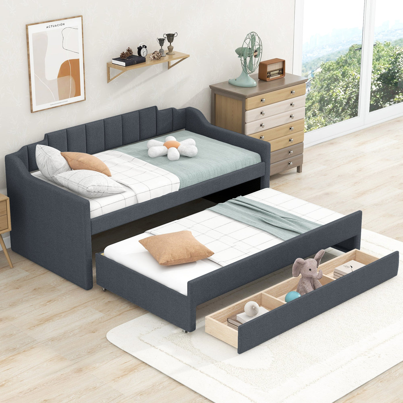 Twin Size Upholstered Daybed With Trundle And Three Storage Drawers