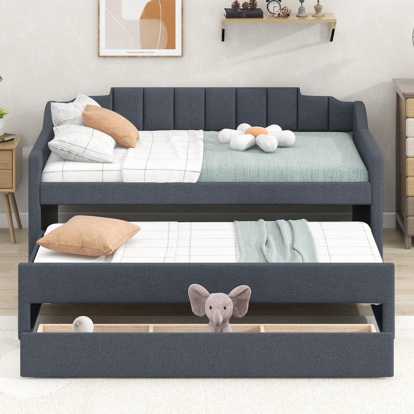 Twin Size Upholstered Daybed With Trundle And Three Storage Drawers