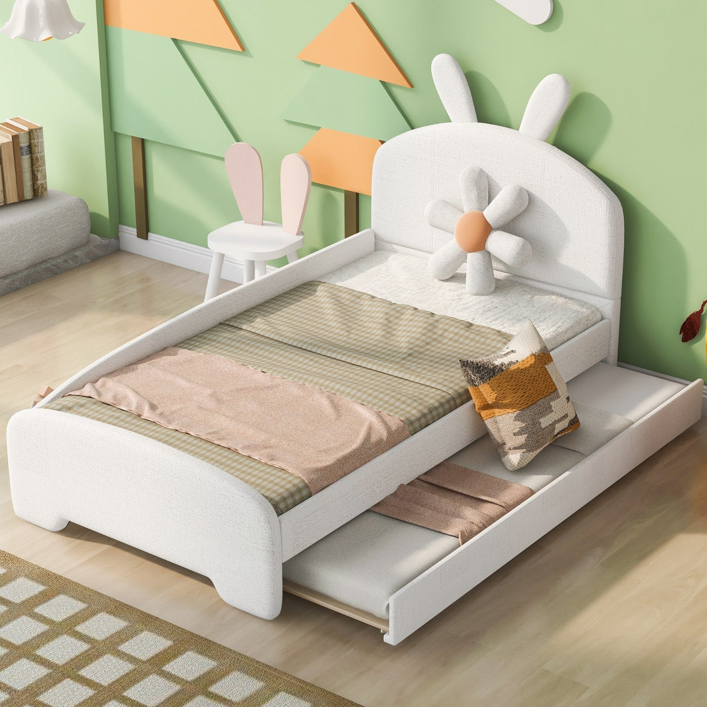 Twin Size Upholstered Platform Bed With Cartoon Ears And Trundle