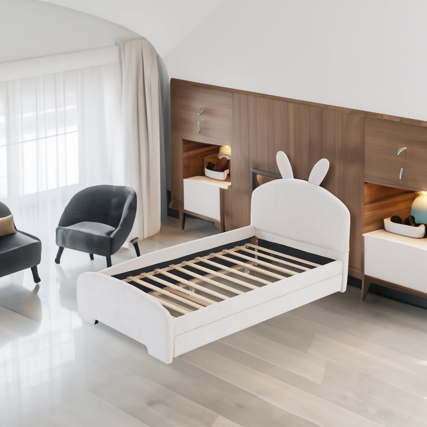 Twin Size Upholstered Platform Bed With Cartoon Ears And Trundle