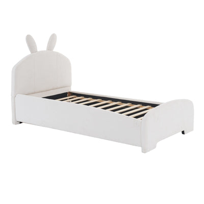 Twin Size Upholstered Platform Bed With Cartoon Ears And Trundle