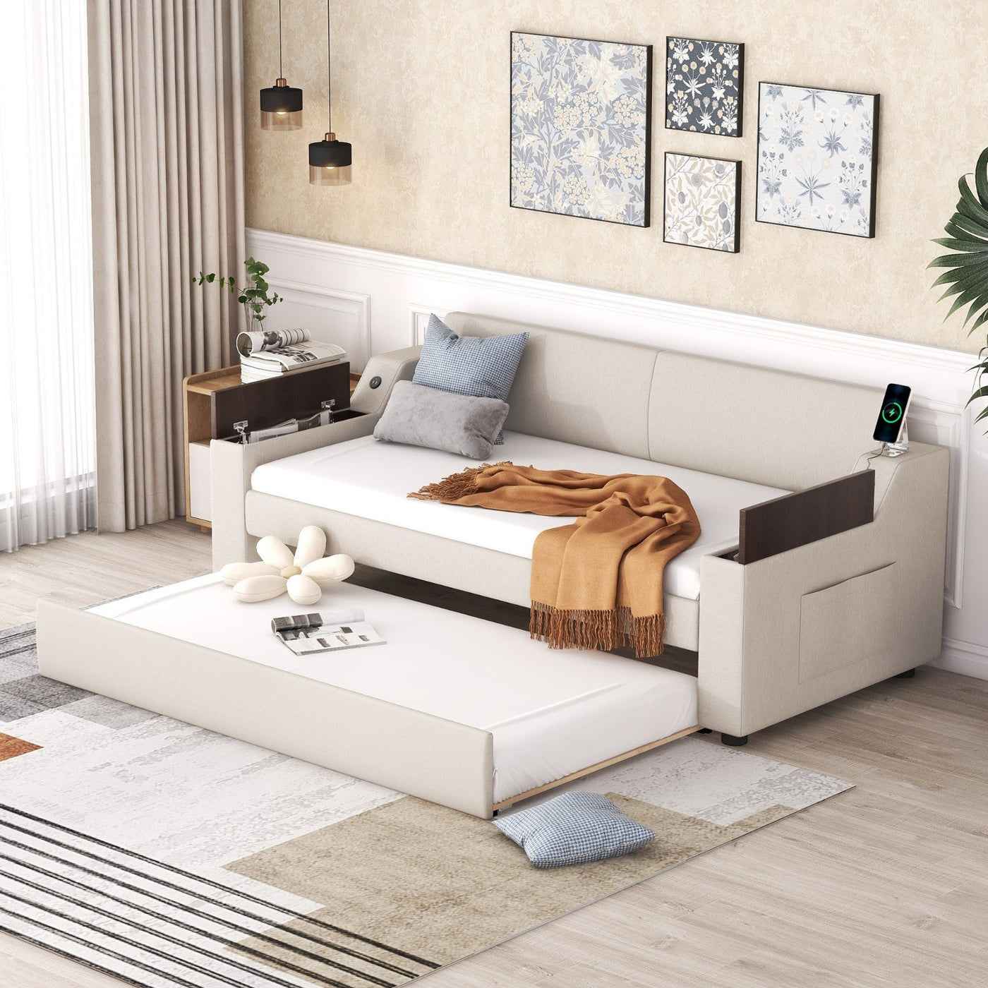 Twin Size Daybed With Storage Trundle Arms And USB Port Design