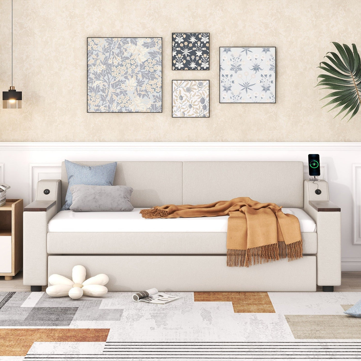 Twin Size Daybed With Storage Trundle Arms And USB Port Design