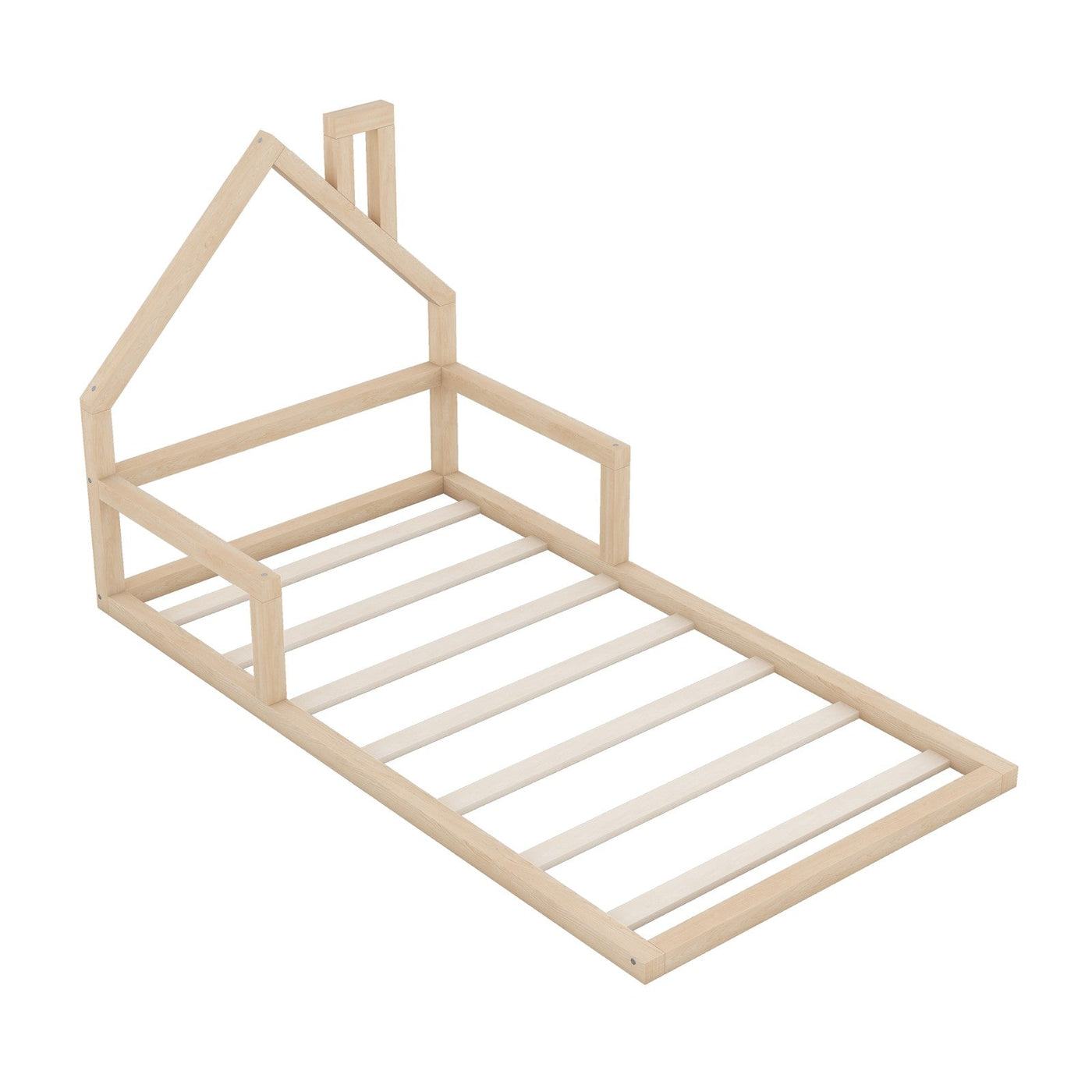 Twin Size Wood Floor Bed With Natural House Shaped Headboard