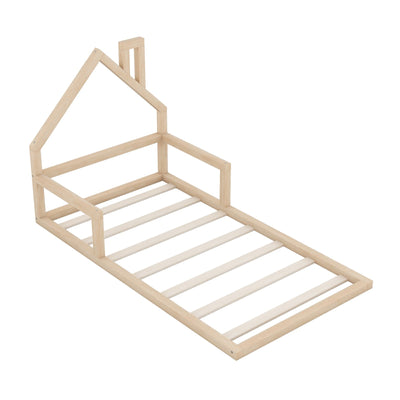 Twin Size Wood Floor Bed With Natural House Shaped Headboard