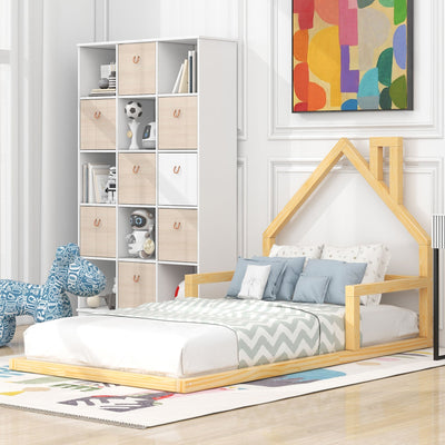 Twin Size Wood Floor Bed With Natural House Shaped Headboard