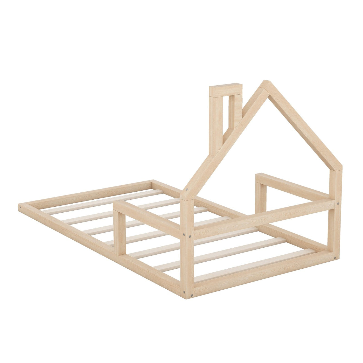 Twin Size Wood Floor Bed With Natural House Shaped Headboard