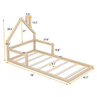 Twin Size Wood Floor Bed With Natural House Shaped Headboard