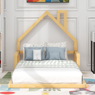 Twin Size Wood Floor Bed With Natural House Shaped Headboard