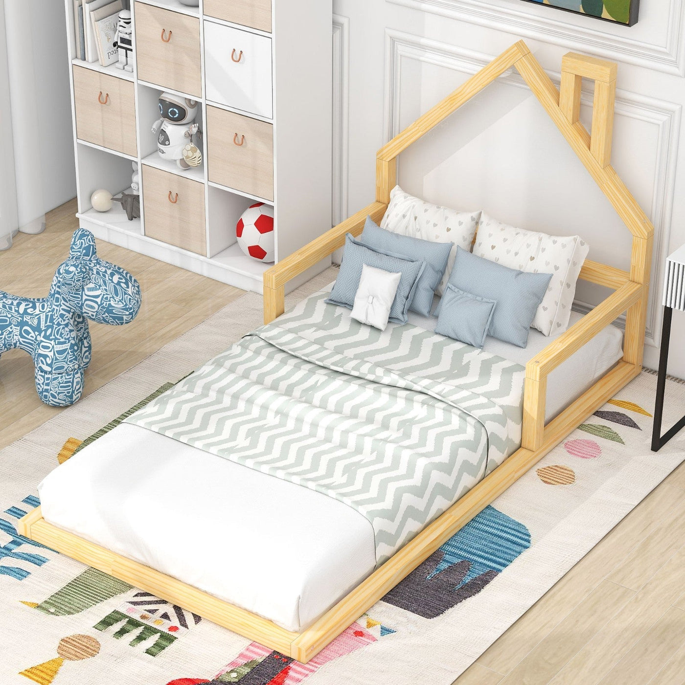 Twin Size Wood Floor Bed With Natural House Shaped Headboard