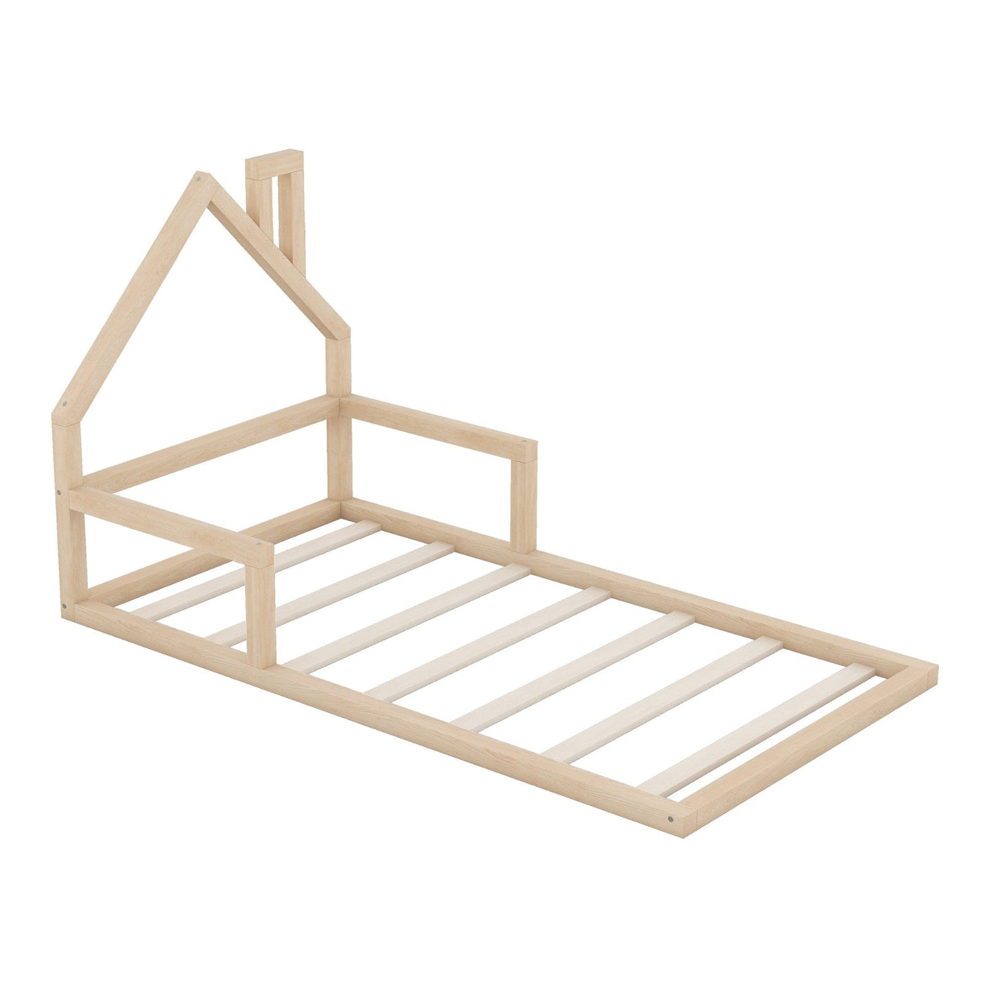 Twin Size Wood Floor Bed With Natural House Shaped Headboard